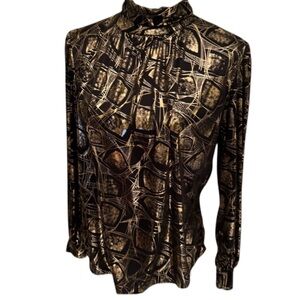 Lauren Lee Black Gold Metallic Blouse Size 10 Long Sleeve High Neck Party Top